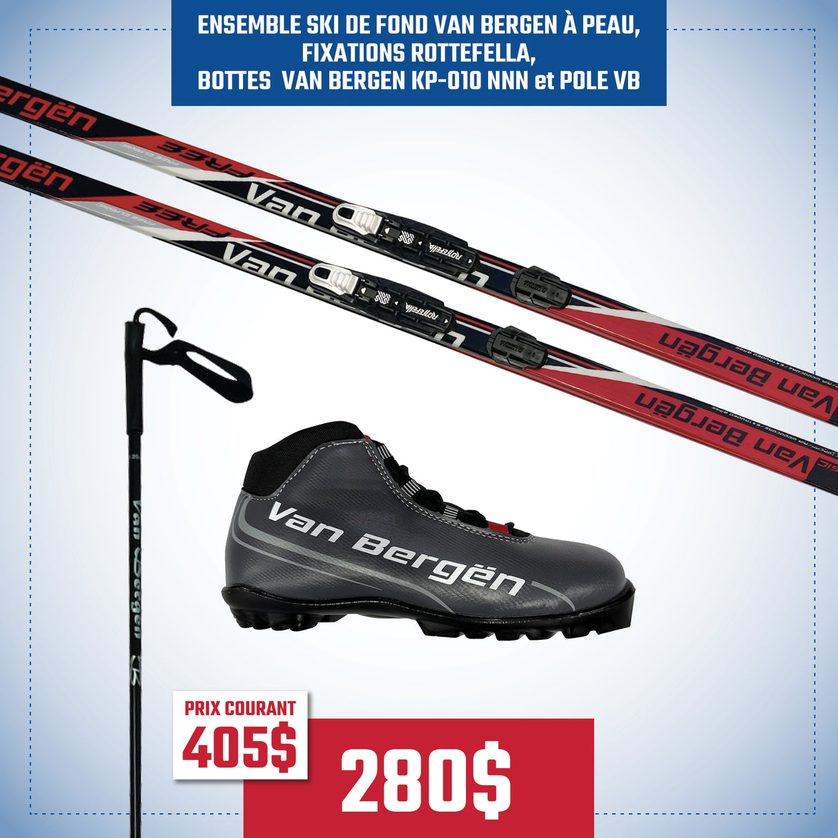 Ensemble de ski de fond Van Bergen – Ski à Peau avec Fixations Rottefella, Bottes VB KP-010 et Bâtons VB